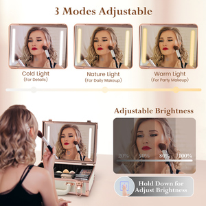 Professional <b>Makeup</b> Train <b>Case</b> with LED Mirror Adjustable 3 Color Lights and Detachable Brush Holder for Travel Cosmetic Box - Product Image 4