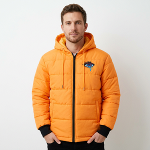 Orange Hooded Canvas Puffer <b>Jacket</b> with Front Logo Warm Quilted <b>Lightweight</b> <b>Waterproof</b> Eco-Friendly Fashion <b>Jacket</b> for <b>Men</b> Women - Product Image 2