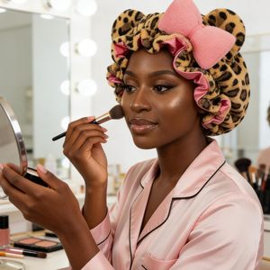 SOLPOP <span class=keywords><strong>Bonnet</strong></span> <span class=keywords><strong>de</strong></span> <span class=keywords><strong>nuit</strong></span> <span class=keywords><strong>en</strong></span> peluche doublé satin pour femmes aux cheveux bouclés naturels, avec oreilles <span class=keywords><strong>de</strong></span> chat mignonnes, motif léopard <span class=keywords><strong>de</strong></span> luxe - Product Image 2