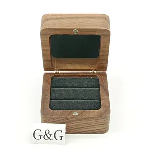 Custom Logo Square Wood Ring Box Packaging Walnut Luxury Gift Mini Boxing Ring Wood Jewelry Box for Ring