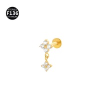 Anting-anting gantung bunga CZ ganda Titanium G23 16G dengan lapisan emas, anting tusuk datar, perhiasan pesta untuk labret, lip helix, dan tragus.