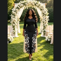 Robe midi élégante pour femmes, brodée de fleurs, manches longues, grande taille, vêtements africains pour femmes, robe midi pour soirée