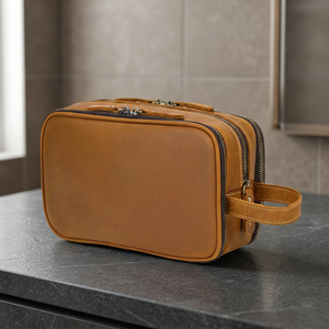 Trousse de Toilette en Cuir Véritable Taille Moyenne, Fermeture Éclair Vintage, Étui Cosmétique Durable pour Voyage - Product Image 3