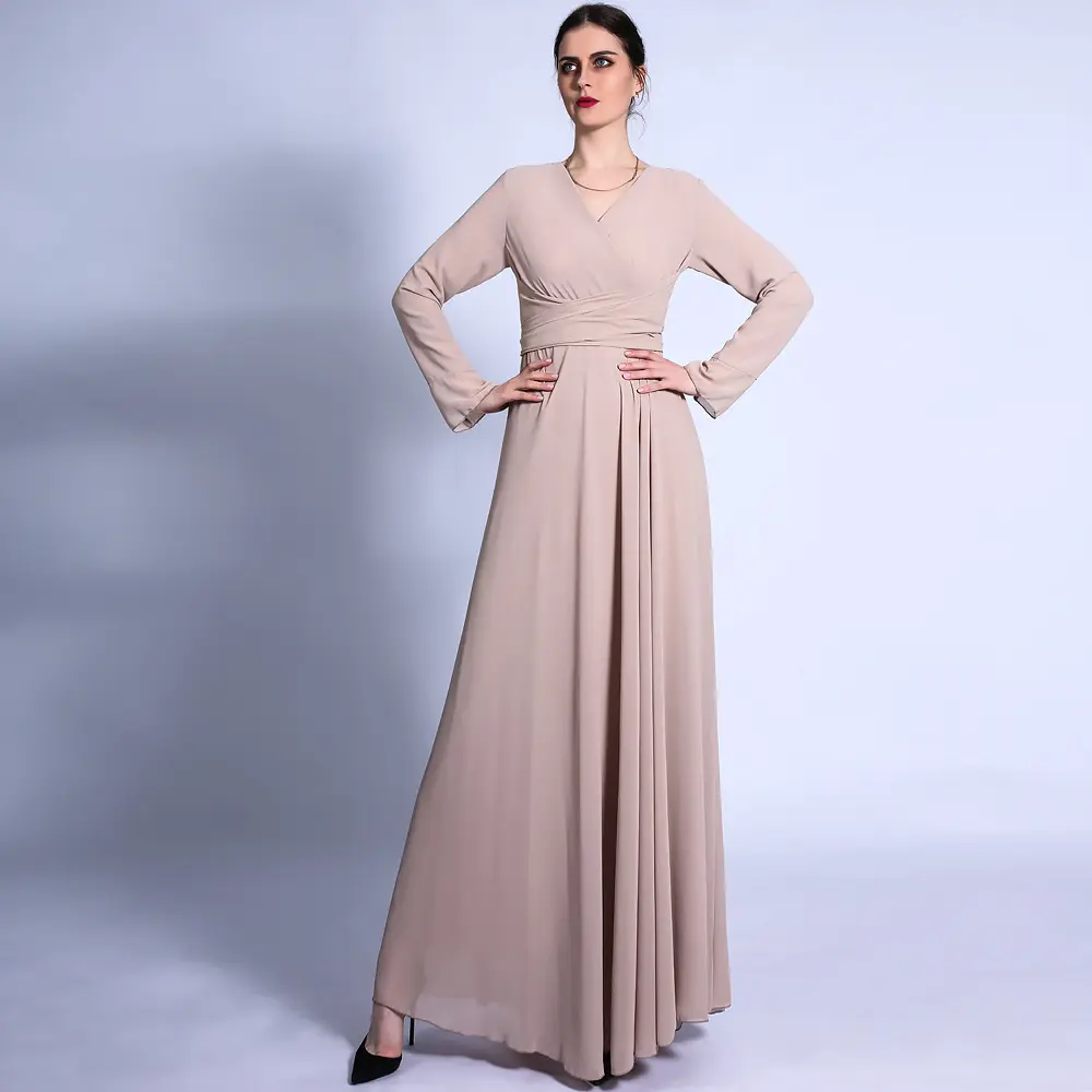 Spring Fall Elegant Islamic Abaya Clothing Long Sleeve Fabric Chiffon Casual Muslim Dress, Dubai Prom Woman Abaya Maxi Dress