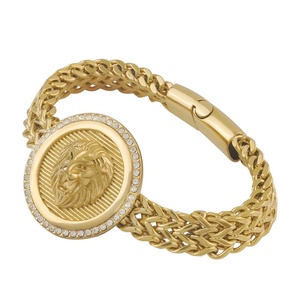 Pulsera de Acero Inoxidable Chapada en Oro Vintage, Personalizada, Estilo Retro, con Cabeza de León, Geométrica, Religiosa, con Circonitas, Estilo Cubano - Product Image 5