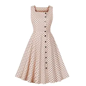 Vintage Fashion Square Neck Pinup Summer Dress Sleeveless Women 2024 Single Breasted Polka Dot Print A-Line Dresses SR1427