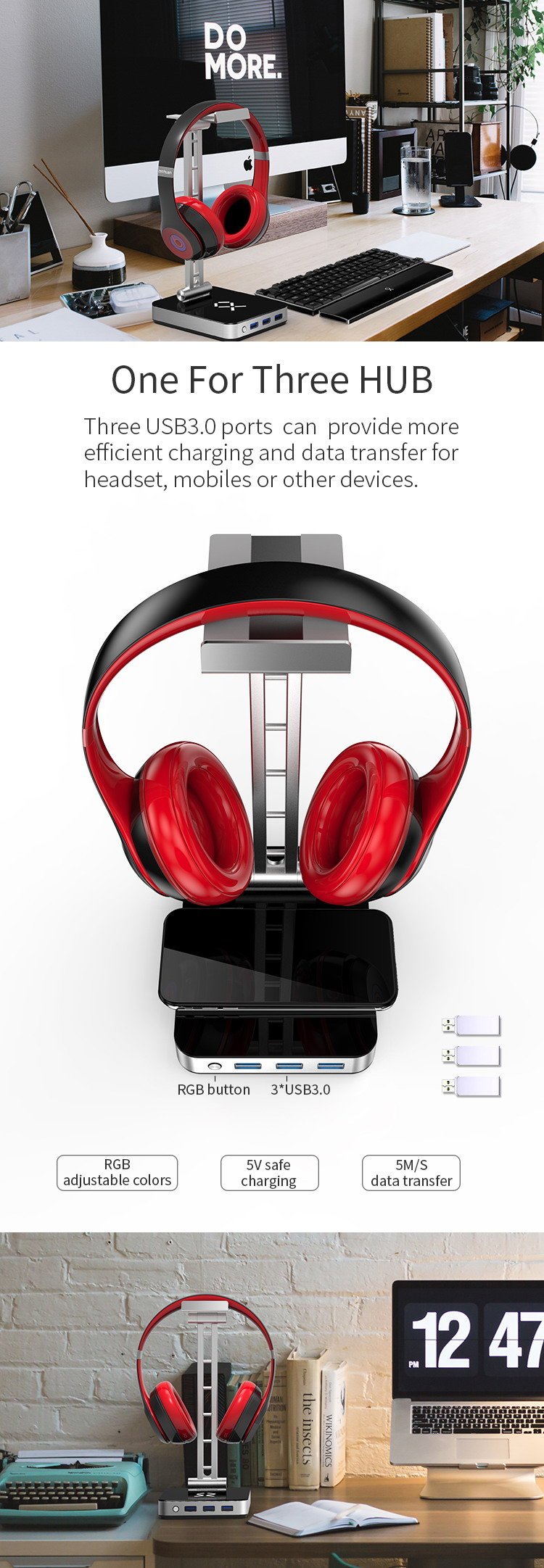 Headset Stand With RGB lights With 3 Ports Hub Headphone Holder Earphone Hanger Accessories for Desktop Gamer
