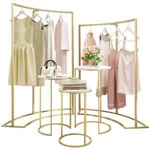 Boutique Floor type Half Gold Arc Display Clothing Racks Clothes Stand Stainless Steel Garment Women Shop Cloth Display Set