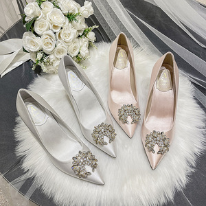 Classic Women <b>Pumps</b> Luxury Rhinestone Silk Wedding Shoes <b>White</b> Pointed Toe Party Dress <b>Ladies</b> Stiletto Bridal Heels - Product Image 3