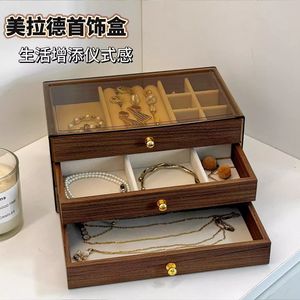 Walnut Wood Three Drawer Jewelry <b>Box</b> With Glass Top For <b>Earrings</b> Necklaces Rings Storage Organizers - Product Image 2
