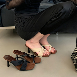 Mules à talon aiguille pour femme, à bout carré, avec bride tressée croisée, pour le quotidien - Product Image 1