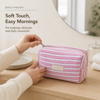 Mini trousse de toilette rayée en tissu éponge, mignonne et tendance, avec fermeture éclair et dragonne, sac de rangement portable, écologique et durable