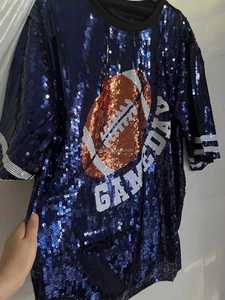 Robe T-shirt à paillettes pour femme, pour le jour du match de football, robe sexy à paillettes, bleu marine et blanc - Product Image 4