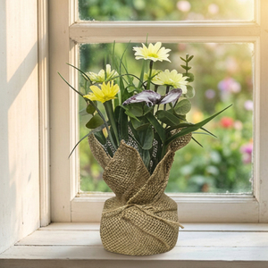 Arrangement floral artificiel de fleurs de prairie succulentes en pot, enveloppé de toile de jute, pour décoration intérieure et centre de table de bureau - Product Image 2