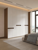Système de rangement moderne autoportant pour chambre à coucher, armoire à portes battantes en panneaux plats en aggloméré de bois avec poignées en J métalliques