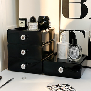Organisateur de cosmétiques en acrylique noir à 3 niveaux avec tiroirs pour rangement de bureau - Product Image 1