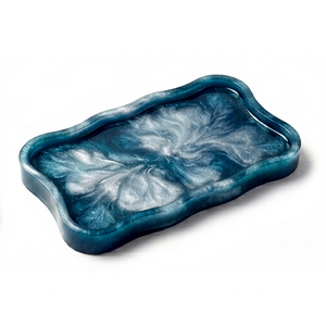Plateau de rangement moderne en résine marbrée bleue, bords incurvés, organisateur décoratif pour salle de bain, coiffeuse, décoration intérieure - Product Image 1