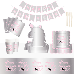 Ensemble d'assiettes en papier DAMAI personnalisées rose argenté pour le Nouvel An 2026, comprenant une assiette en papier et un gobelet modèle licorne pour la fête du Nouvel An - Product Image 1