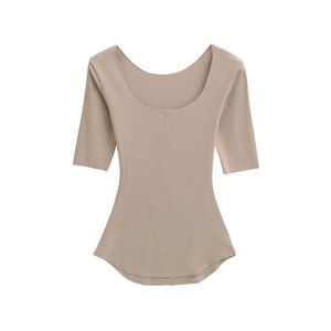 Camiseta Básica Sexy de Corte Regular con Cuello en U para Mujer, Verano, Manga Corta, Ligera, Transpirable, Moldeadora - Product Image 5