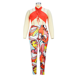 AQ19318 2022 Bán Hot Cộng Với Kích Thước Hai Mảnh Set Phụ Nữ Quần Áo L-4XL In Ve Áo Dây Đeo Crop Top Jogger Quần Sexy Quần Áo - Product Image 4