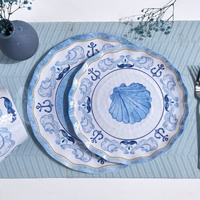 Ensemble de vaisselle en mélamine bleu et blanc de style océan ensemble d'assiettes et de bols durables vaisselle en mélamine pour les repas au restaurant