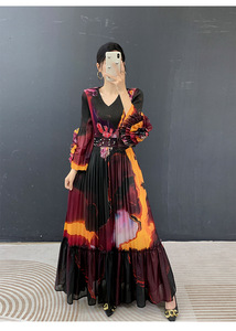 Vestido Elegante PY 2026 con Cuello Redondo, Manga Trompeta, Fruncido, Tejido Plisado y Estampado en la Cintura, Ropa Occidental para Mujer, Venta al por Mayor en Línea - Product Image 3