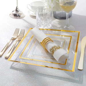 Assiettes à dîner de mariage jetables en plastique à bordure carrée blanche et or Rose, ensembles de fête en plastique argenté ensembles de couverts - Product Image 5