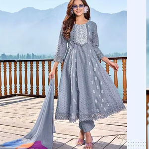 Costume Chikan Work Dupatta de qualité supérieure avec travail manuel et collection de festivals d'impression numérique Lilin - Product Image 1