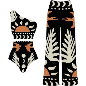 Maillot de bain 3 pièces personnalisé pour femme, ensemble bikini asymétrique à une épaule et taille haute avec pantalon de plage imprimé numérique extensible - Product Image 4