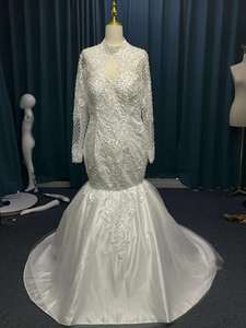 Precio de fábrica 2025 nueva novia vestidos de novia simples vestido de novia encaje manga larga cuello alto vestido de tren desmontable - Product Image 4