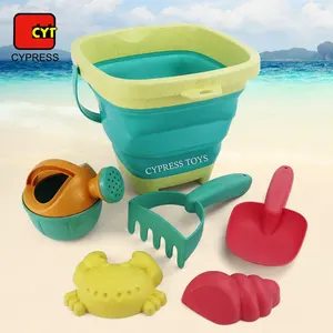 Latest 6PCS Wheat Straw Beach Toys Bucket Portable Folding Silicone Beach Bucket Silicone Bucket And Spade