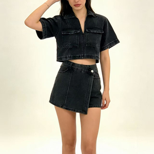 Channel 2-teiliges Set: V-Ausschnitt Kurzarm Crop Top Pullover mit Hochgeschnittener Jeansrock-Hose, Passende Denim-Outfits für Damen 2026 - Product Image 3