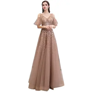 Latest Design Sheath Party Dress Bead Sequins Off Shoulder V-Neck A-Line Champagne Evening Dress