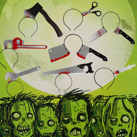 Serre-tête sanglant Halloween 2026, accessoires de costume effrayants avec couteau, hache, scie, ciseaux et seringue