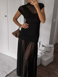 Vestido de Noche Marrón de Malla sin Mangas con Fruncido y Capa Transparente IStapromo Gifts - Vestido Largo Formal para Fiesta - Product Image 6