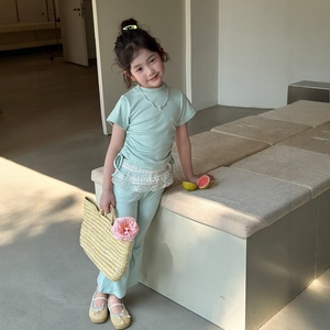 Tenue deux pièces pour enfants filles, couleur unie, avec cordon de serrage, manches courtes, pantalon évasé, pour le printemps et l'automne - Product Image 4