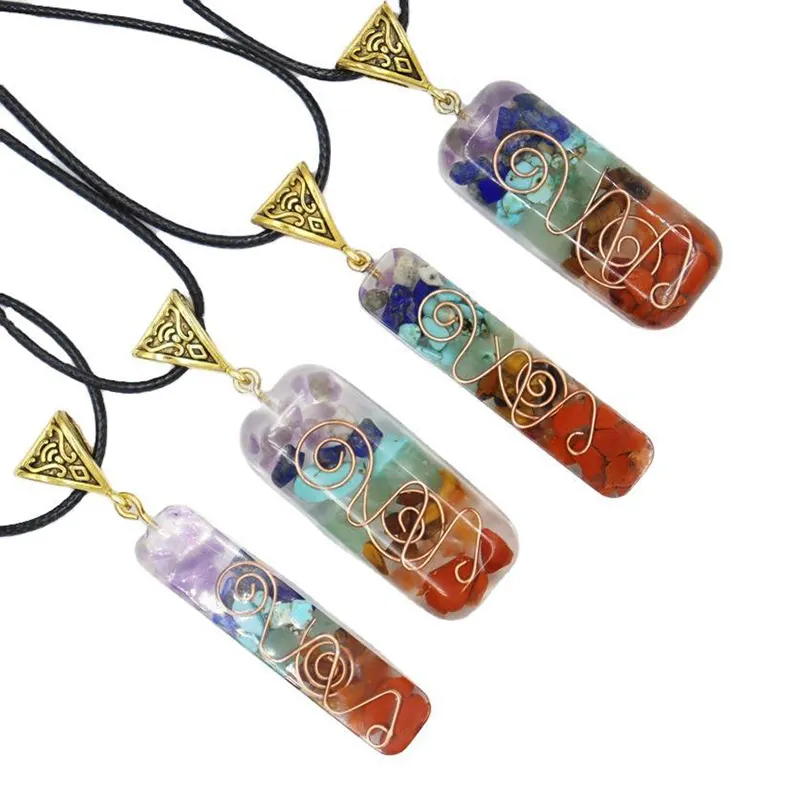 XuQian Batu Warna-warni Alami Tujuh Chakra Orgone Energi Liontin Kalung Pendulum