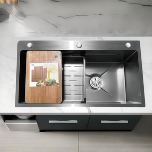 Évier de cuisine à cuve unique en acier inoxydable 304 de 5,0 mm d'épaisseur avec planche à découper en bois - Product Image 1