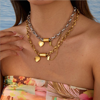Collar de Cadena Gruesa de Acero Inoxidable Chapado en Oro y Plata con Colgante de Corazón y Grabado Personalizado, Joyería Personalizada para Regalo