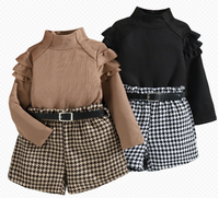 Ensemble 3 pièces pour bébé fille, nouveau style d'automne, haut à col haut uni tendance et décontracté + short pied-de-poule