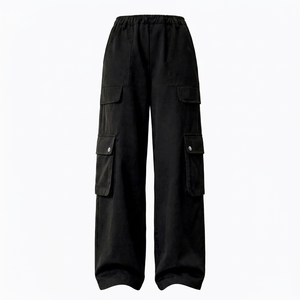 Pantalones Cargo Negros de Cintura Alta para Mujer, Corte Holgado, Pierna Ancha, con Múltiples Bolsillos - Product Image 1