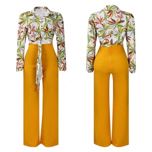 Conjunto de 2 Piezas para Mujer, Estilo Casual Europeo Americano, Camisa Holgada con Cuello en V y Estampado Otoñal, Transpirable, de Manga Larga, y Pantalones Anchos - Product Image 4