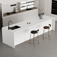 Table de bar en pierre frittée, évier de cuisine ouvert, îlot de cuisine moderne et minimaliste, dalle de pierre artificielle, bord cascade en marbre