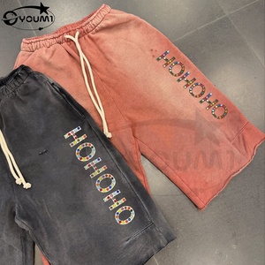 Shorts de jogging amples YOUMI personnalisés 100 % coton, style streetwear avec strass, délavage acide, pour homme - Product Image 2