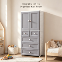 Armoire en plastique gris de 70 cm de large avec tringle de suspension et 4 tiroirs, meuble de rangement autoportant pour vêtements de chambre à coucher