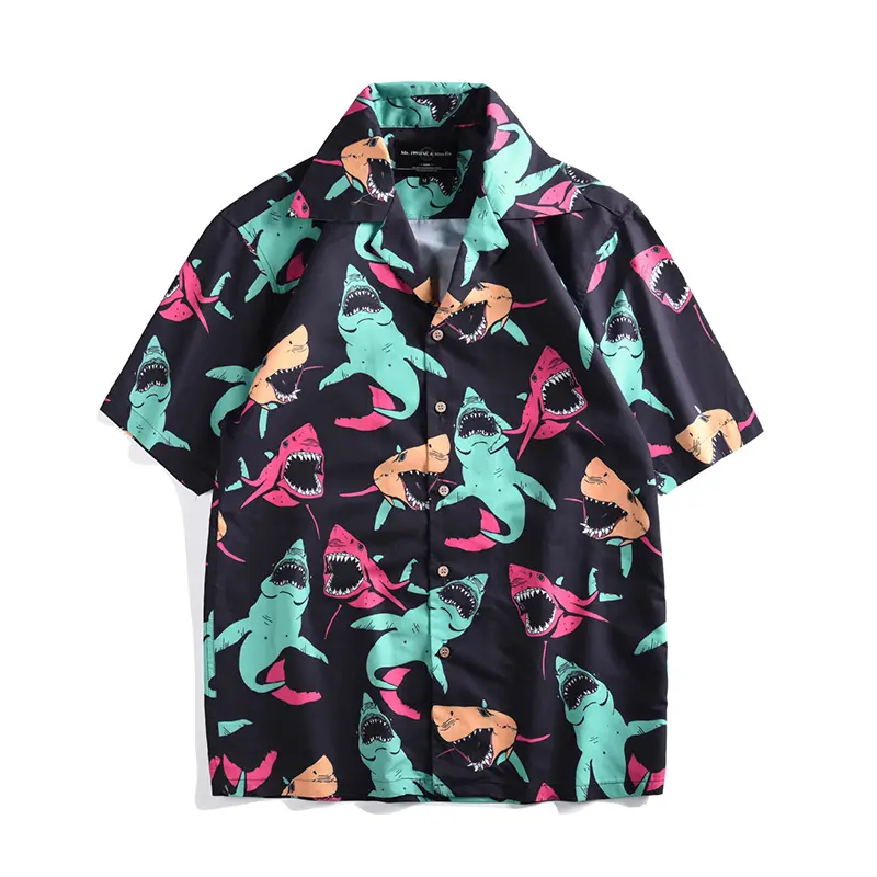 상어 프린트 알로하 남성 캐주얼 하와이안 셔츠 남성용 여름 반소매 열대 비치 셔츠 패션