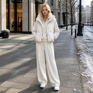 Ensemble veste matelassée et pantalon large pour femme, fermeture éclair, tenue deux pièces, streetwear décontracté, vêtements de détente - Product Image 5