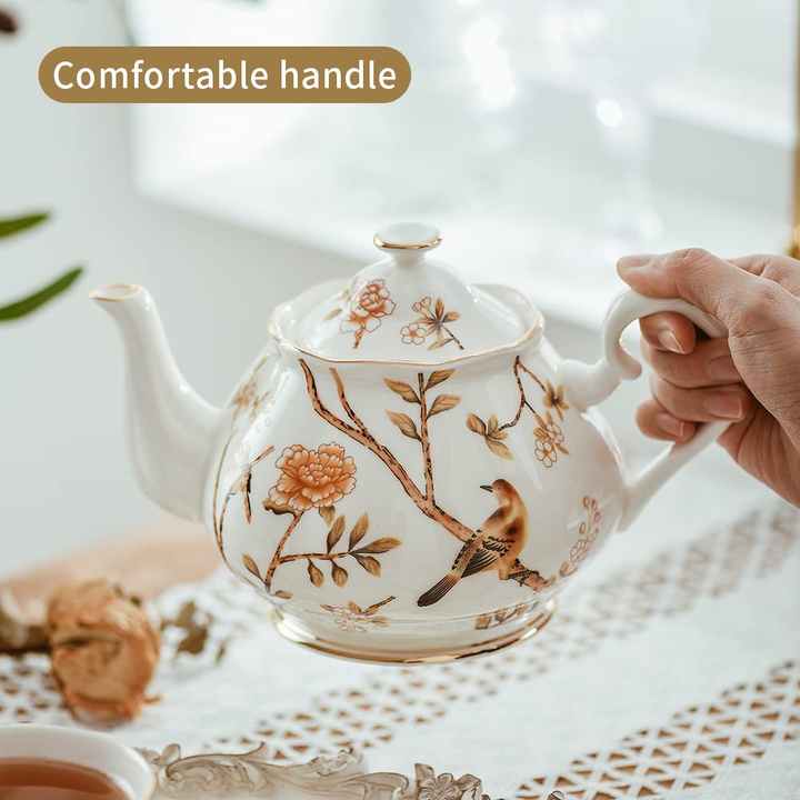 Porcelain Teapot With Lid Vintage Ceramic Tea Pot With Filter for Tea Coffee Water Teaparty Home,34oz