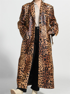 High Quality Genuine Sheep Lamb Leather Custom Long Leopard Pattern Women <strong>Knee</strong> <strong>Length</strong> Blazer Leather <strong>Coat</strong> - Product Image 2
