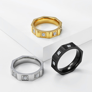 แหวนรูปทรงแปดเหลี่ยมเรขาคณิตสำหรับทุกเพศ ทำจากเหล็กสีทองดำ ประดับเพชรแบบหนามเตย ของขวัญเครื่องประดับ - Product Image 1